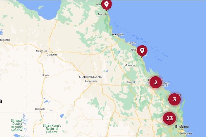 Lifeblood blood donation facilities in regional Queensland marked with red dots on a map.