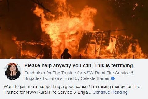 A screengrab of Celest Barber's bushfire fundraiser campaign on Facebook.