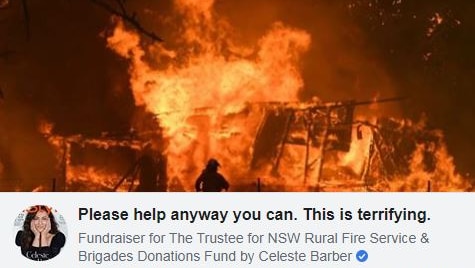 A screengrab of Celest Barber's bushfire fundraiser campaign on Facebook.