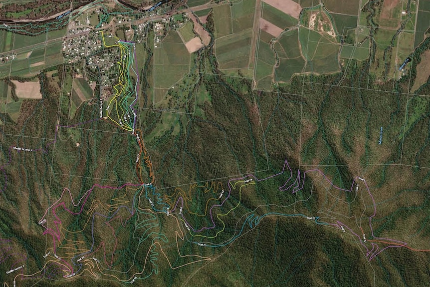 An aerial map of the mountain bike trail proposed for west of mackay
