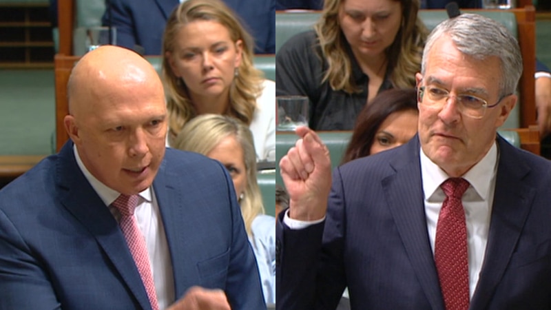 A composite image of two male politicians, each pointing fingers in parliament