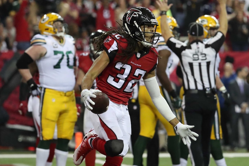 Atlanta Falcons cornerback Jalen Collins reacts after recovering a fumble