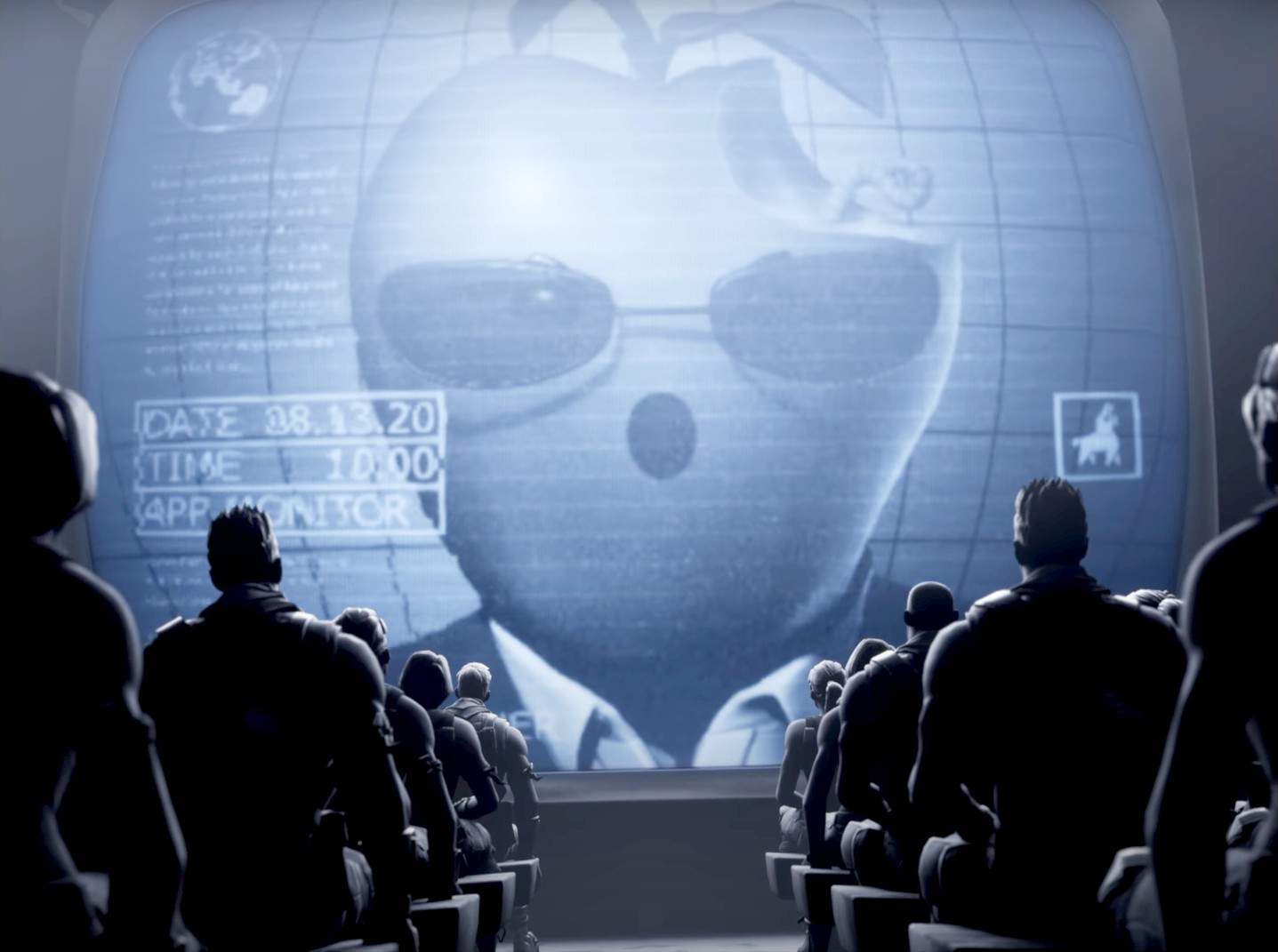 A cartoon rotten apple speaks on a big screen to enthralled, seated citizens, parodying Big Brother in 1984.