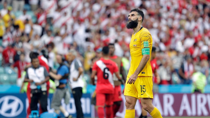 Mile Jedinak looks on after the Socceroos' World Cup loss to Peru.