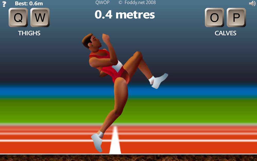 In a scene from a video game, Q, W, O and P keyboard buttons sit in top corners, below a figure runs on athletics race track.