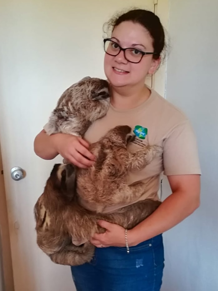 Young woman with three sloths clinging to her.