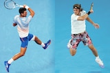 Novak Djokovic and Sefanos Tsitsipas both play shots in a composite image