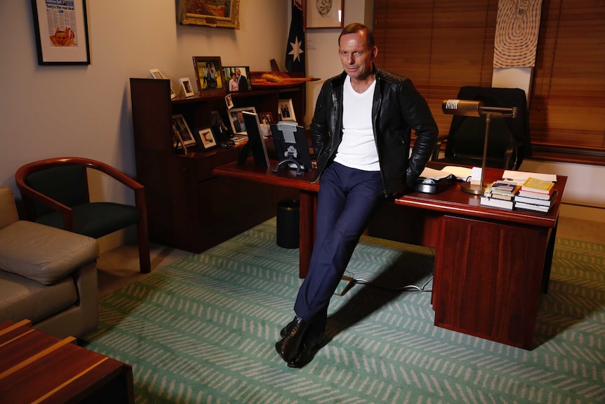 Tony Abbott models roo-skin leather jacket