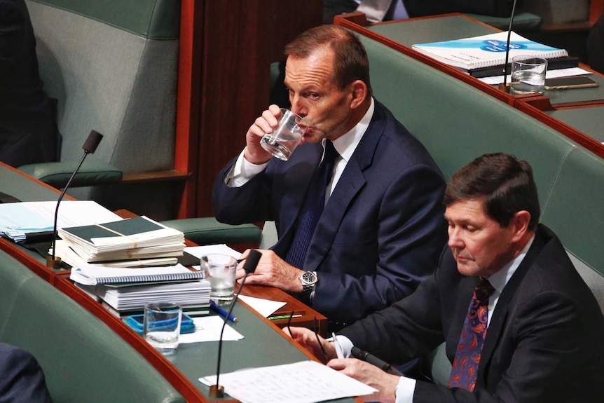 Former prime minister Tony Abbott drinks from a glass of water in Question Time