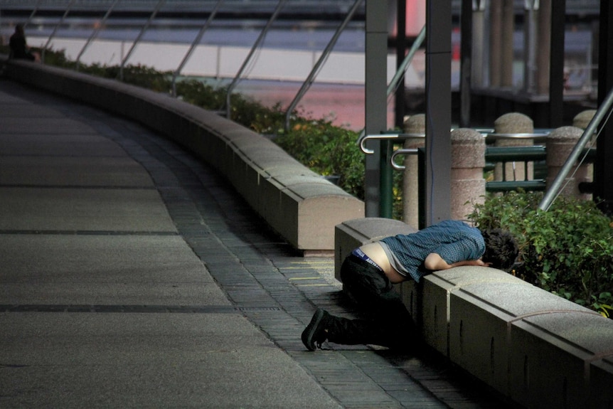 A new year's eve reveller on his knees leans over a small wall and throws up into a garden bed.