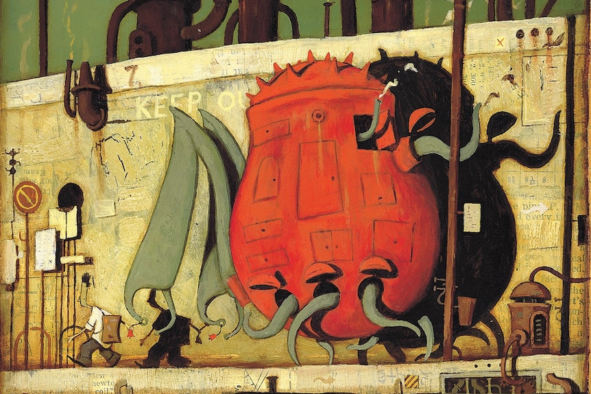 An illustration of a giant red creature with grey tentacles walking along a street.