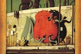 An illustration of a giant red creature with grey tentacles walking along a street.