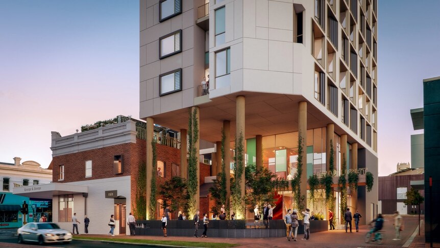A design picture of a planned timber hotel for Perth's nightclub district