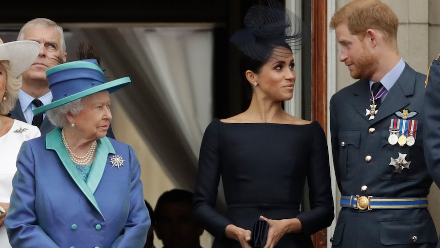 Queen Elizabeth glares at Prince Harry and Meghan as they smile at each other.