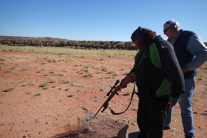 An Aboriginal women hold a gun one hand, pointing it into a cage on the desert ground. The trainer is behind her watching.