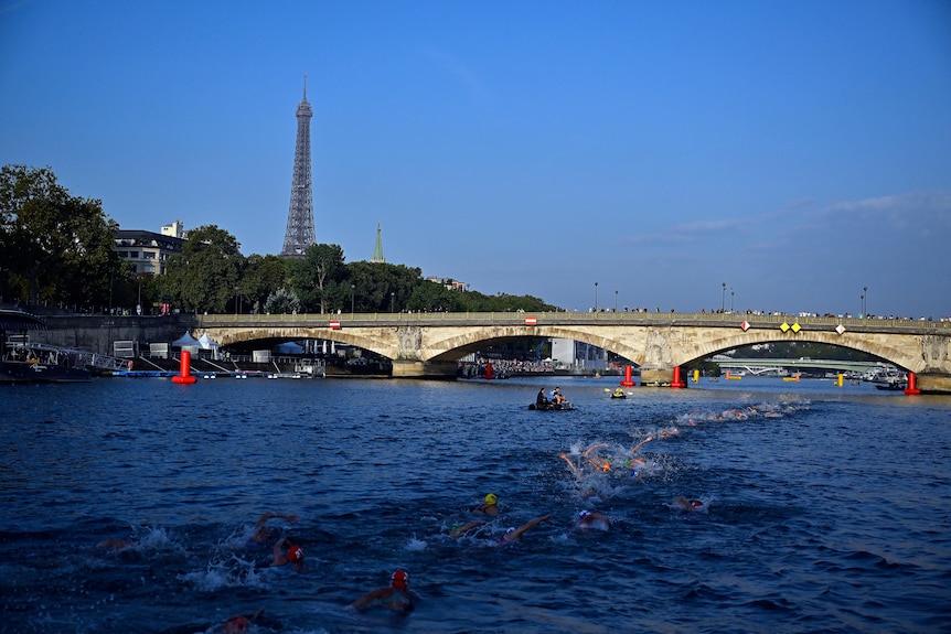 Swimmers swim in the River Seine