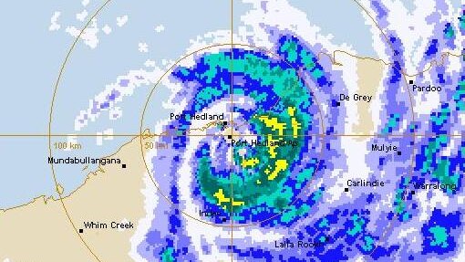 128 km Port Hedland radar loop shows Tropical Cyclone Heidi