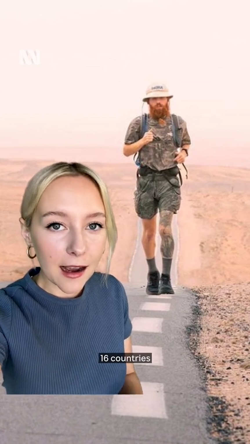 Female presenter looks at screen with background of a man running on a dirt road behind her