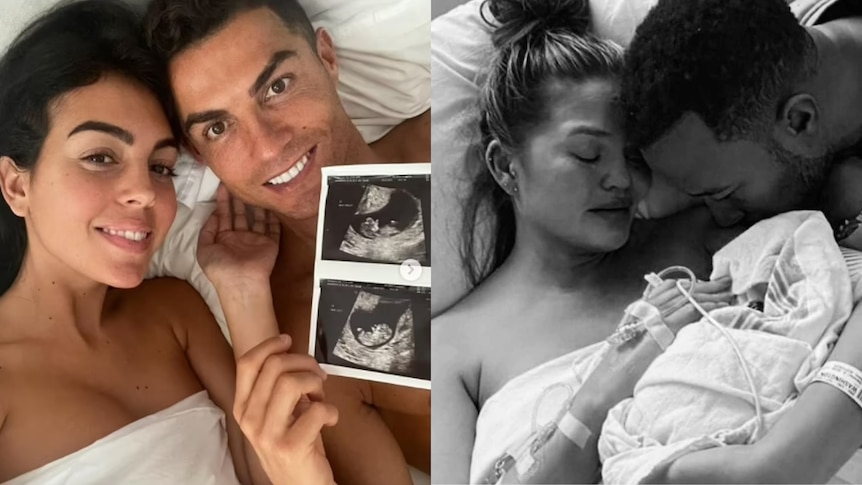 A photo of Cristiano Ronaldo and his wife Georgina Rodríguez next to a black and white photo of Chrissy Teigen and John Legend