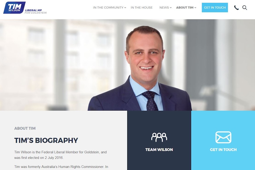 A screenshot of Liberal MP Tim Wilson's website, which features a blue, purple and grey colour scheme and a modular layout.