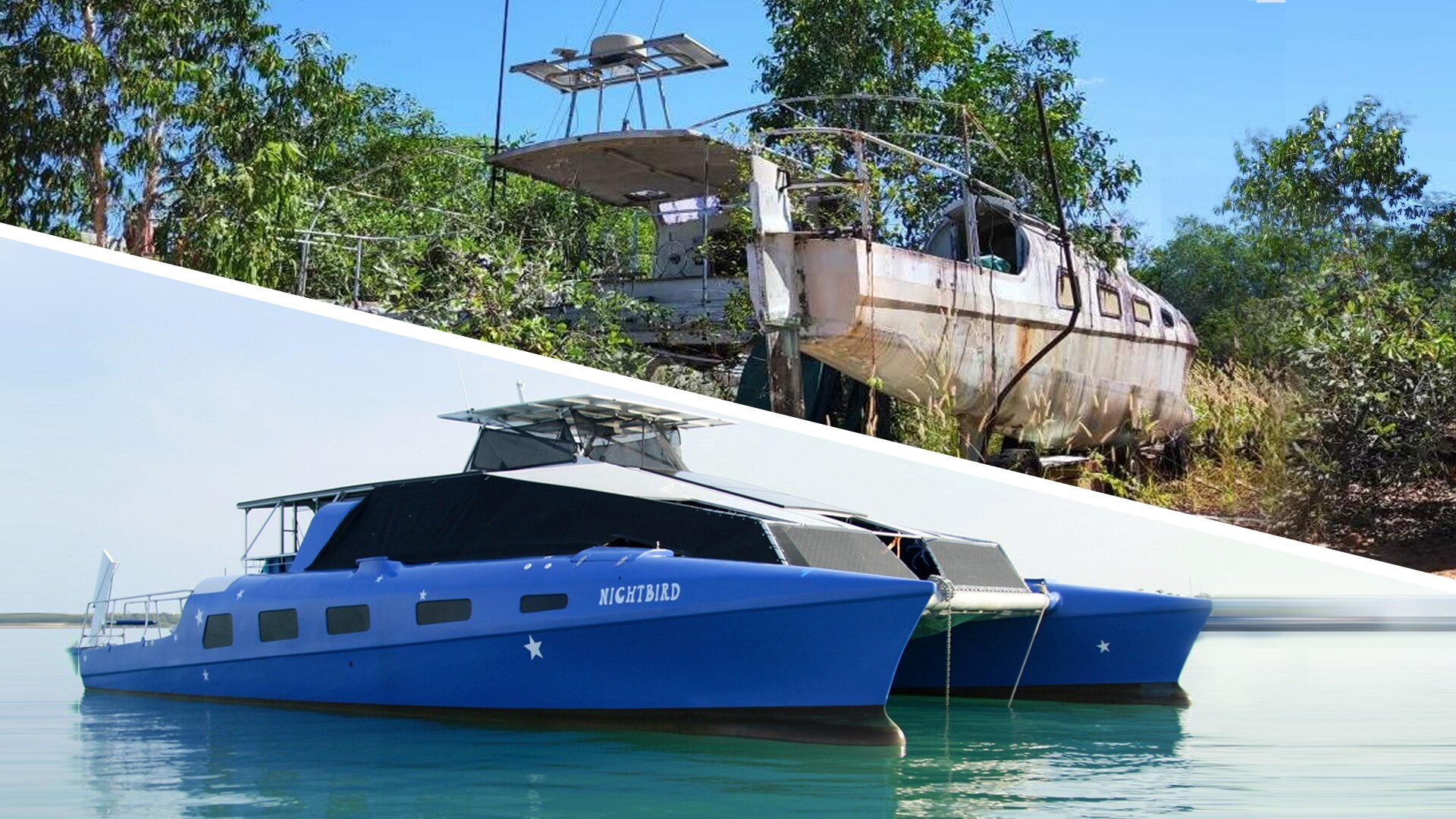 A joined image, which features a derelict boat on the top and then the same boat, completely restored, below.