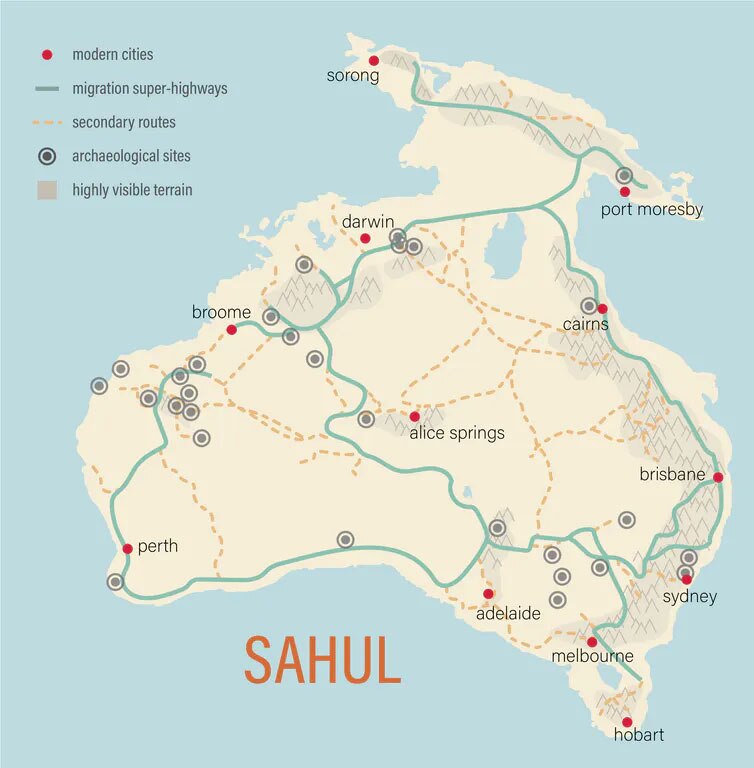 A map showing the migration routes of 60,000 years ago when Australia was connected to Asia.