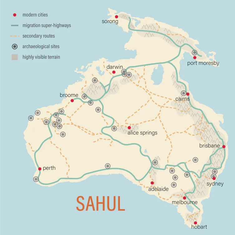 A map showing the migration routes of 60,000 years ago when Australia was connected to Asia.