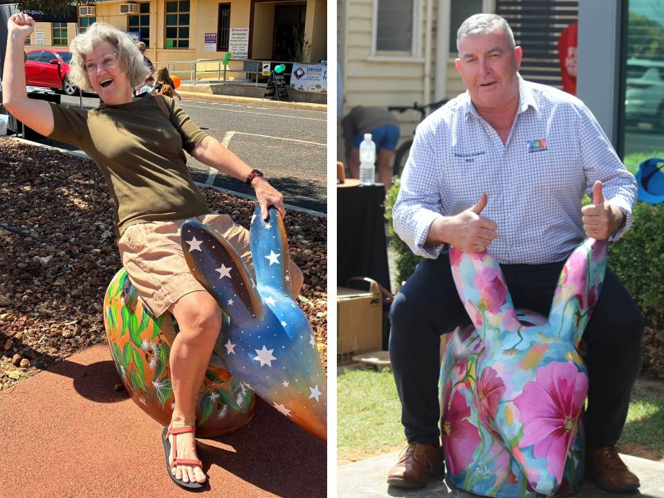 left image showing a woman sitting on cement bilby with arm in the air, right shows man sitting on cement bilby with thumbs up