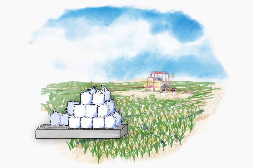 Water colour picture of red tractor fertilising crops and a pile of fertiliser bags in the foreground.