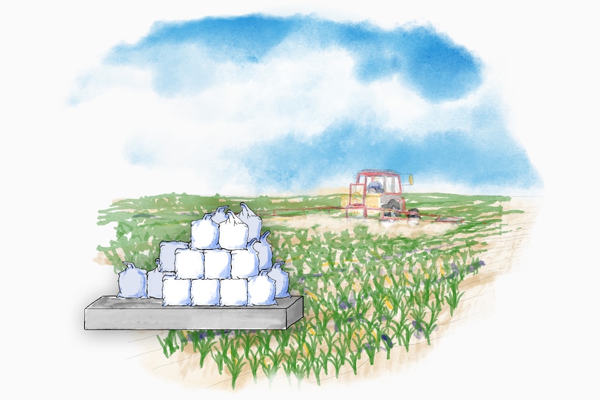 Water colour picture of red tractor fertilising crops and a pile of fertiliser bags in the foreground.