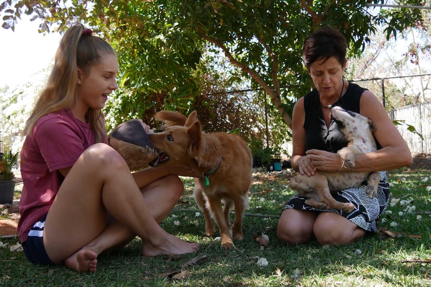 SAFE carers Lulu and Krissi Van play with their dogs in the backyard.