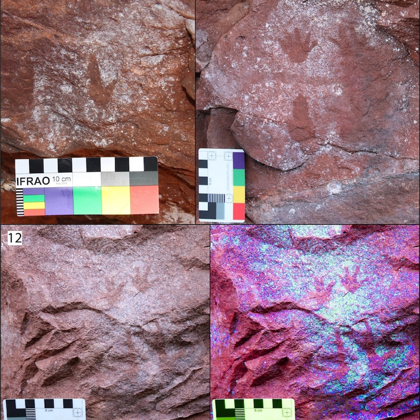 Photos of four photographs of rock art, all which look similar in basic style, all tiled against each other.