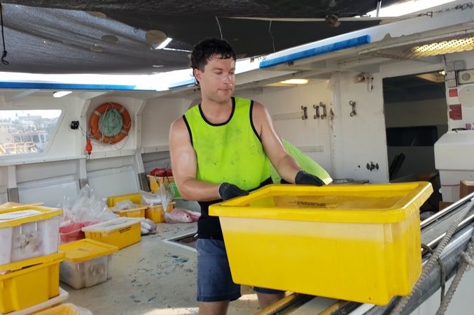 A young man in a singlet lifts a crate on board a boat