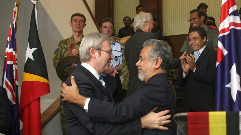 Kevin Rudd and Xanana Gusmao hug each other (AFP: Mario Jonny Dos Santos)