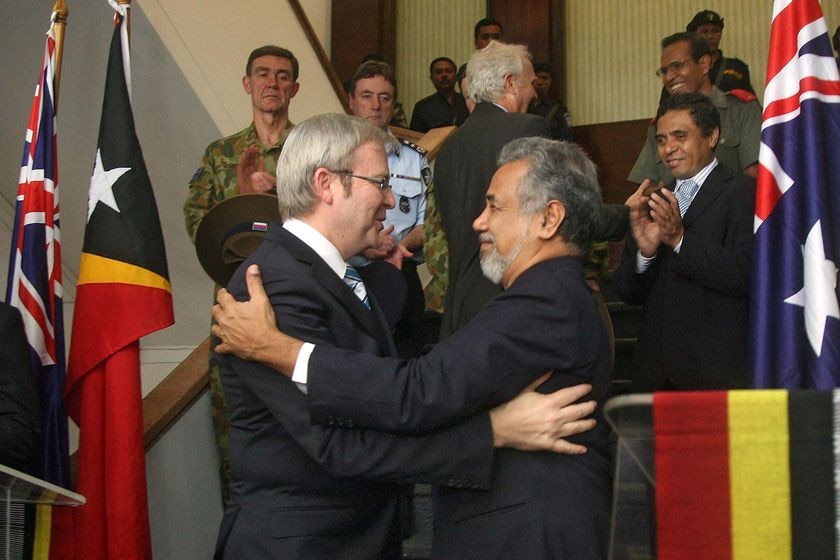 Kevin Rudd and Xanana Gusmao hug each other (AFP: Mario Jonny Dos Santos)