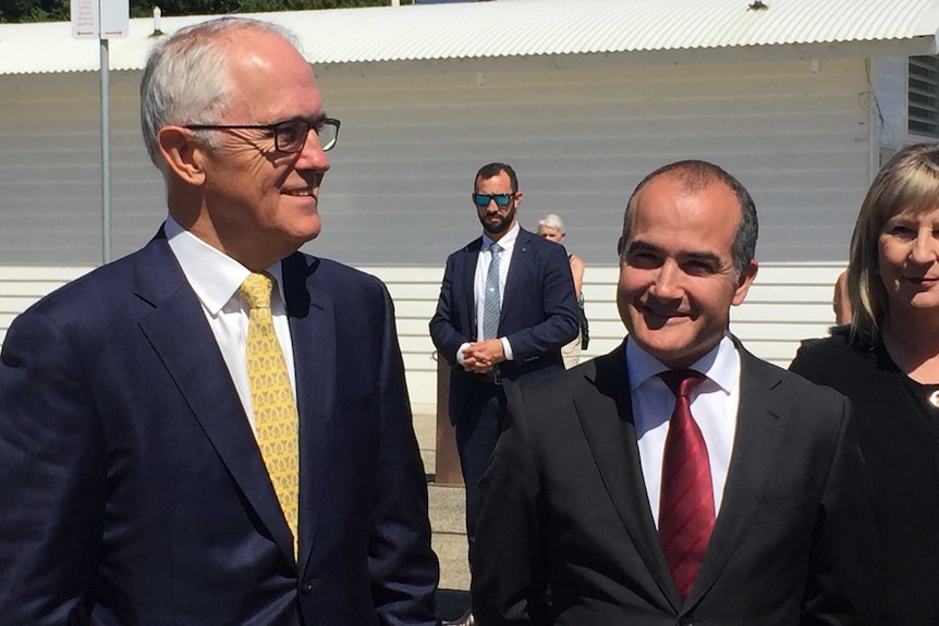 Prime Minister Malcolm Turnbull (left) speaking to the media with Victorian Deputy Premier James Merlino.