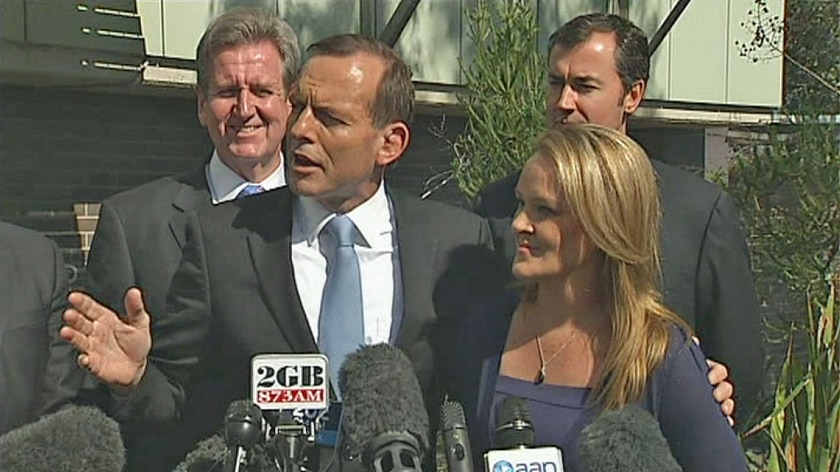 Tony Abbott and Fiona Scott at a media conference on gun laws in Lindsay, in western Sydney, on August 19.