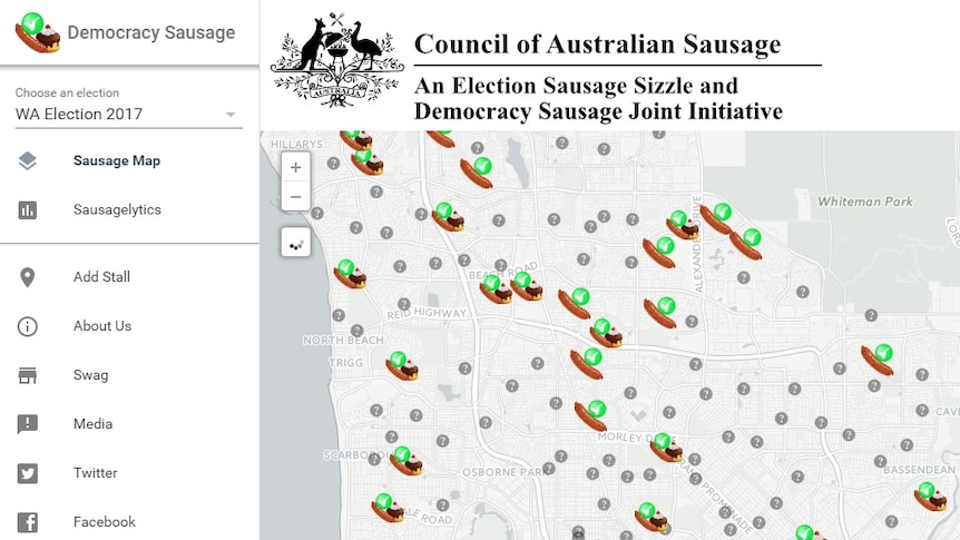 Screenshot of a website showing sausages on a map