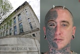 A composite of a harvard medical school buiding and a mugshot of a man with half face tattoo