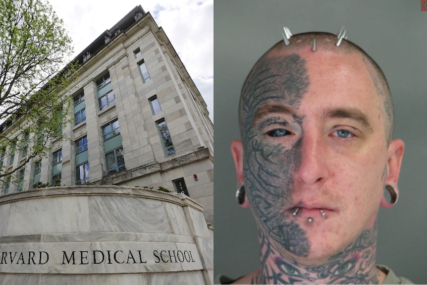 A composite of a harvard medical school buiding and a mugshot of a man with half face tattoo