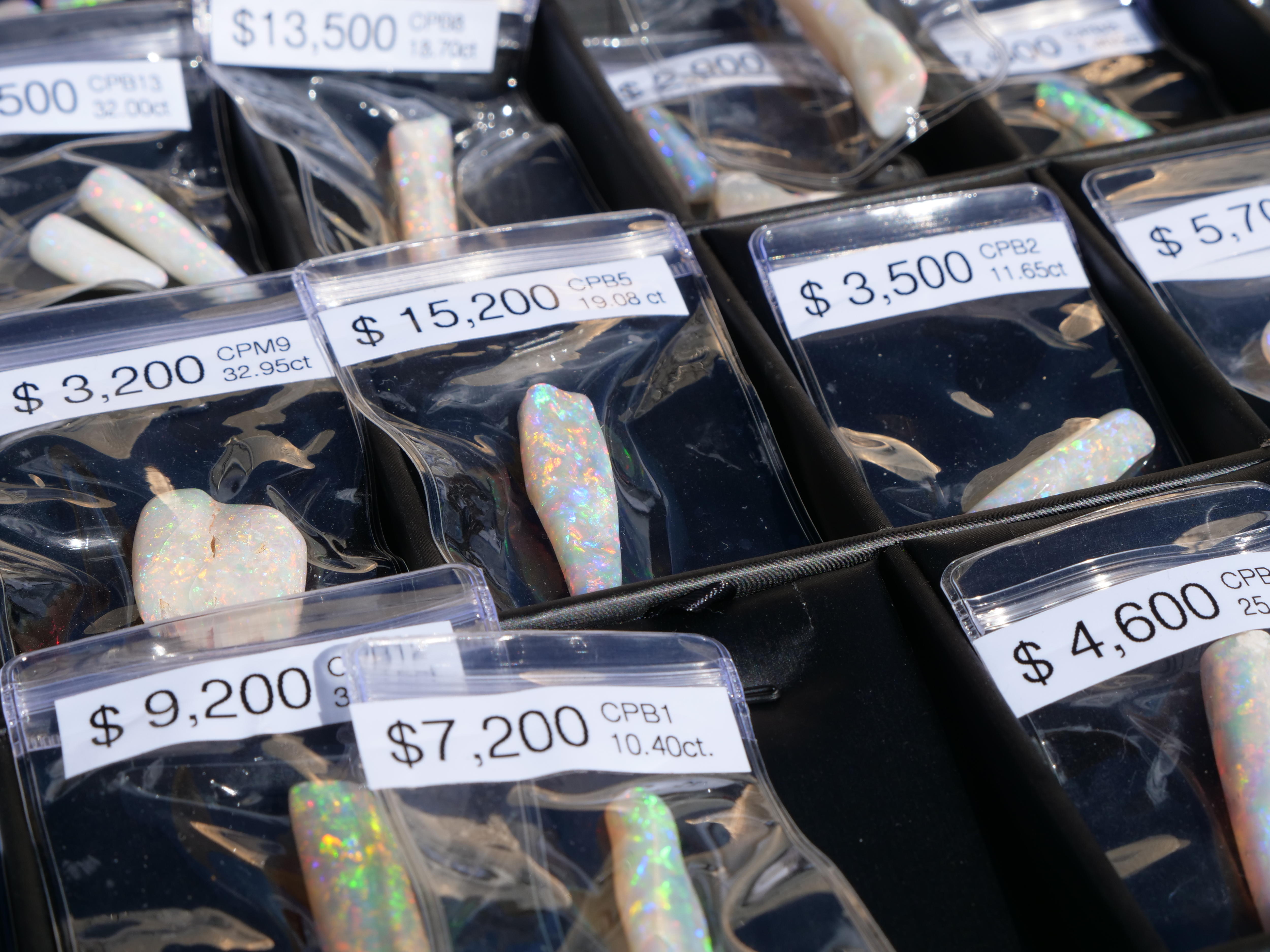 Clear sleeves holding opals, each with the price labelled.