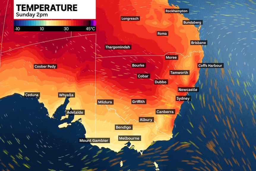 A map of Australia showing large patches of deep red colours which indicate hot temperatures on Sunday