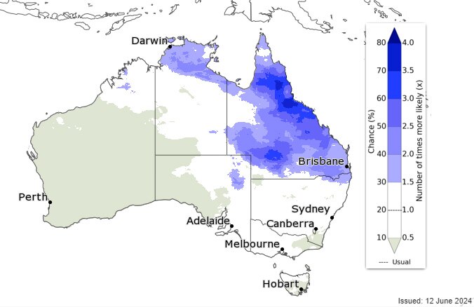 a map of Qld showing a large blue area of forecast cold