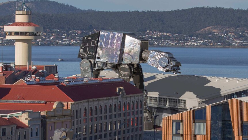 Peter Topliss superimposed image of robots over Macquarie Point