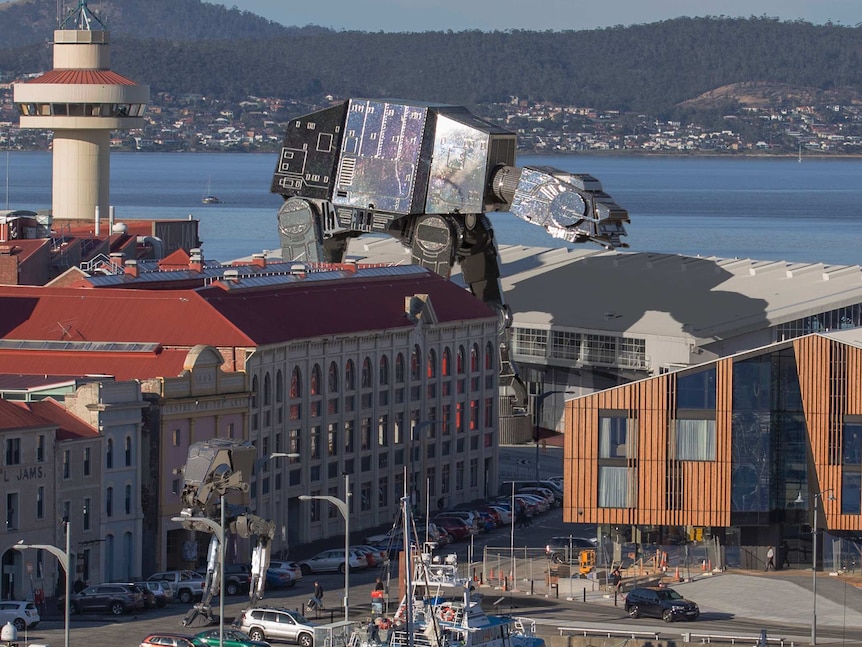 Peter Topliss superimposed image of robots over Macquarie Point