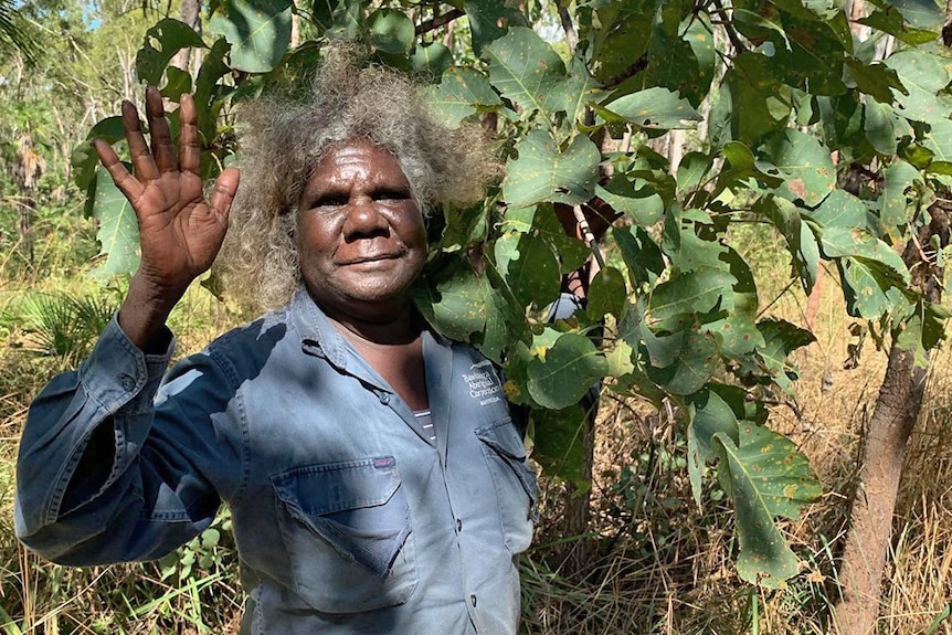 a lady waving at the camera witha Kakadu plum tree behind.