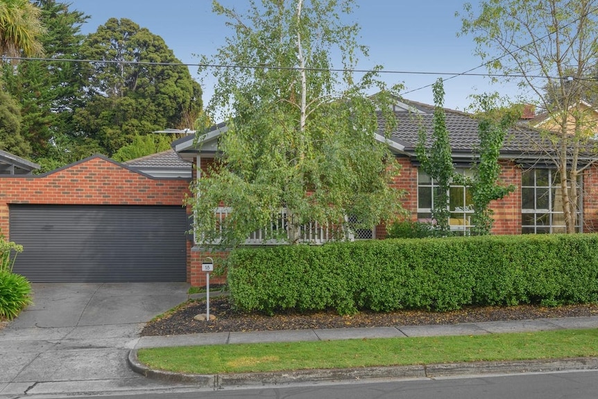 A green hedge and trees give some privacy to a brick home with a dark grey roof.