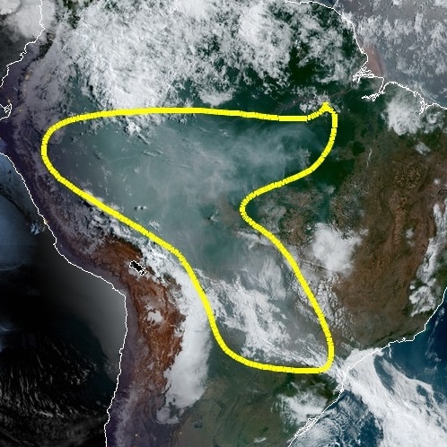 Satellite data captured on August 13 shows fires in the Amazon creating a dome of smoke over South America.