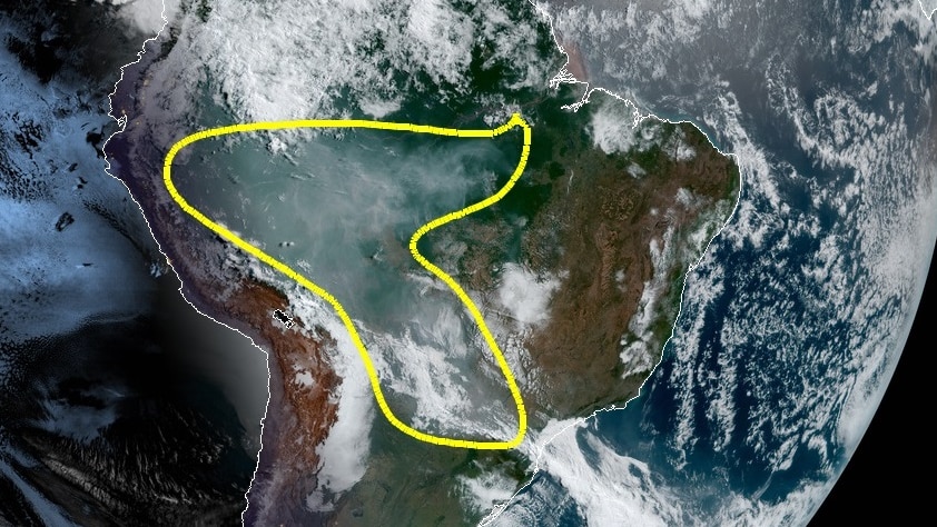 Satellite data captured on August 13 shows fires in the Amazon creating a dome of smoke over South America.