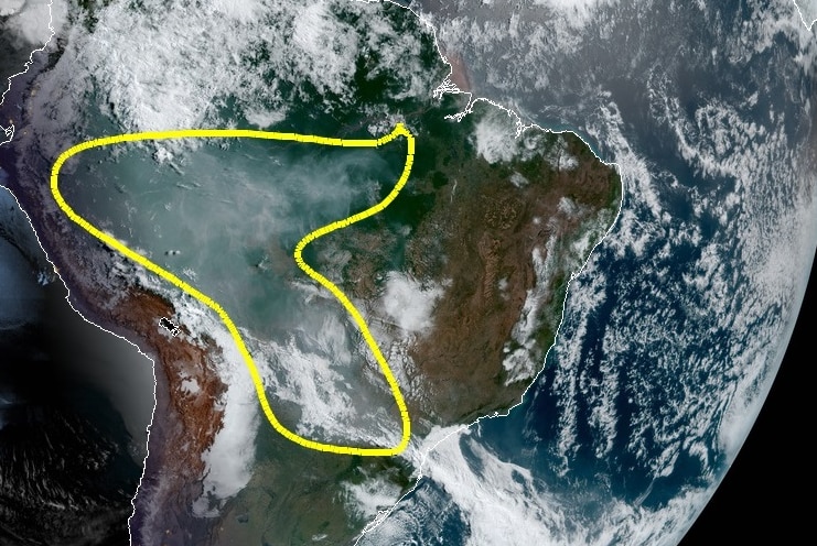 Satellite data captured on August 13 shows fires in the Amazon creating a dome of smoke over South America.